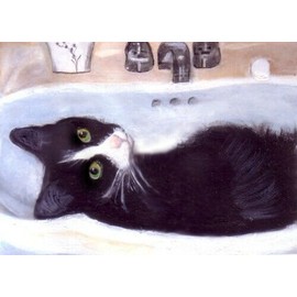 BCB Tuxedo Cat Cool in the Sink Print of Painting ACEO 2 1/2 x 3 1/2 Inches