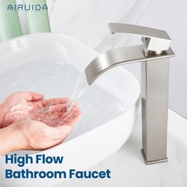 Airuida Vessel Sink Faucet Brushed Nickel, Tall Waterfall Bathroom Single Handle Single Hole, Deck Mount Mixer Tap with Large Rectangular Vessel Faucet Lavatory Vanity