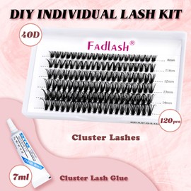 Fadlash DIY Eyelash Extensions Kit, Individual Eyelashes, Gluing and Sealing, Cluster Lashes, Eyelash Extension Set, 40D, 0.07 C Curl, 8-15 mm