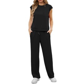 OLRIK Womens Two Piece Sets Summer Outfits Sleeveless Wide Leg Sweatsuit Set Tracksuits Casual Lounge Sets With Pockets Black-2XL