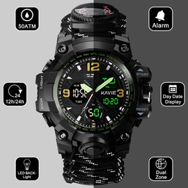 23-in-1 Tactical Survival Digital Watch, Men Military Multi-Functional and Adjustable Wristband Outdoor Waterproof Sports Watches with Compass Paracord Black Reflective Band