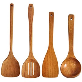 Wooden Spatula,Slotted Turner,Soup Ladle,Long Handle Utensils Set,Handmade for Kitchen Cookware (Wooden Utensil 4 Sets)