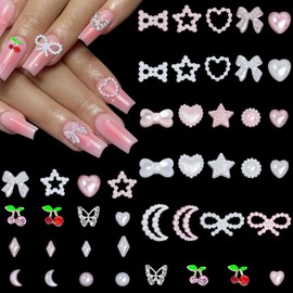 HNUIX 3D Nail Charms and Gems - Multi Shapes, Cherry, Moon, Heart, Butterfly, Star Bow Planet, Light Pink Pearls Flatback Rhinestones, for Nail Art