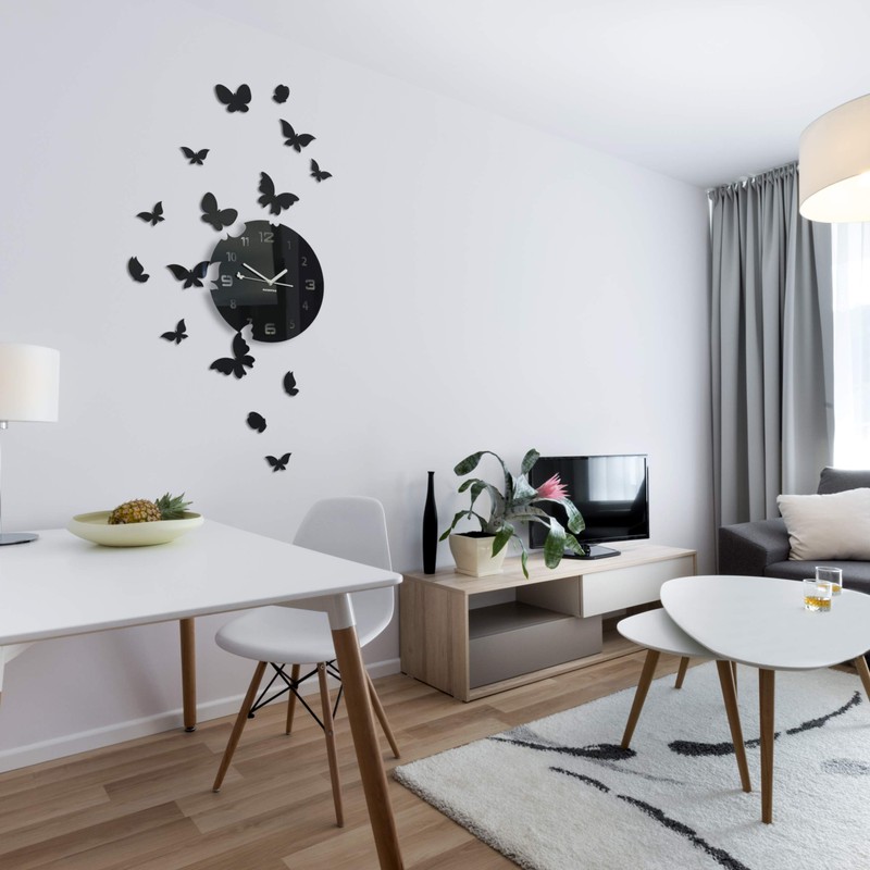 FLEXISTYLE modern wall clock Butterflies black acrylic glass high gloss