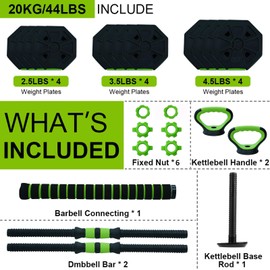 Adjustable Dumbbell Set, 44Lbs Free Weight Set with Connector, 4 In1 Dumbbells Set Used As Barbell, Kettlebells, Push Up Stand,Green and Black,O