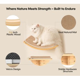 Wood Cat Wall Shelves with Sisal Cats Window Perch, Wall Mounted 4-Piece Cat Climbing Set with Curved Bed, Flat Perch and Sisal-Covered Steps