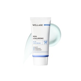 WELLAGE Real Hyaluronic Blue Sun Cream SPF50+ Moisturizing, Sunscreen Cream, 1.7 fl oz (50 ml), All Skin Types, Hyaluronic Acid Blend