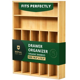ROYAL CRAFT WOOD Luxury Bamboo Utensil Rack and Silverware Organizer, Kitchen Drawer Organizer - Utensil Holder and Cutlery Tray with Grooved Drawer Dividers for Flatware 7 Slot, Natural