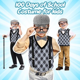 Elefama Old Man Costume for Kids Boys 5-7 100 Days of School Costume for Boys 100th Day of School Dress Up Grandpa Costume Outfit for Boys Kids Cane 100 Year Costume Old Person for Kids Boys