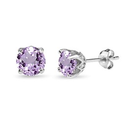 Sterling Silver Genuine or Synthetic Gemstone 6mm Round-cut Crown Stud Earrings for Women, Sterling Silver, Amethyst