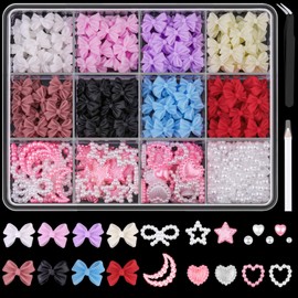 600 Pcs 3D Nail Charms and Flatback Pearls Set 5, 8 Colors Nail Bows Charm + Pink&White Star Heart Moon Cute Nail Jewels + 2-4mm White Nail Pearls for Nail Art DIY Decoration with Pickup Tools