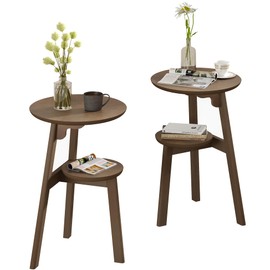 ChooChoo Round End Table Set of 2, Narrow Side Table for Small Spaces, Accent Table Night Stand with 2 Tier Shelf for Bedroom and Living Room, Walnut