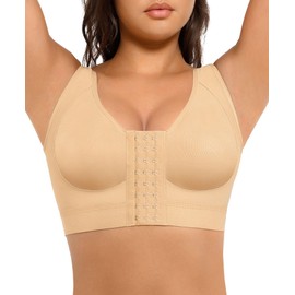 FeelinGirl Minimizer Bras Post Surgery Compression Front Closure Bra Wirefree Mastectomy with Adjustable Straps, Beige, X-Small