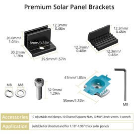 Anbte 10pcs Adjustable Solar Panel End Clamp for Unistrut, 30-50mm Aluminum Solar Panel Mounting Brackets with Nuts Bolts and Wrench, for Metal Roof, Tin Roof, Flat Roof, Sheet Roof, RV, Black