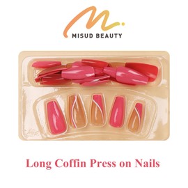 MISUD Press on Nails Long Coffin Fake Nails Glossy Glue on Nails Hot Pink French Tip Acrylic Nails Ballerina Artificial Nails Bling Glitter Swirl Stick on False Nails with Design 24 pcs