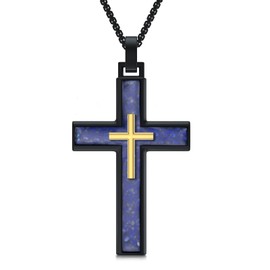 PROESS Kreuz Kette für Herren 925er Sterlingsilber Lapislazuli Anhänger Schwarzgold Kreuzschmuck christliche Geschenke für Männer Frauen