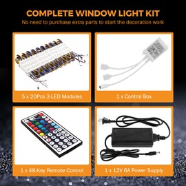 BEAMNOVA 50Ft Commercial RGB Storefront Light Kit for Business with Remote Control, 12v Power Supply Transformer, 100Pcs 3-LED Outdoor Adhesive Waterproof Strip Lights