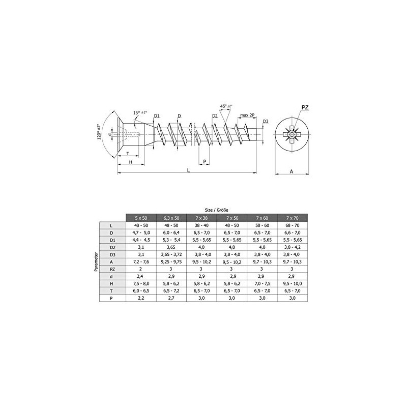 Confirmat Screws Phillips PZ2 5 x 50 mm Countersunk Head