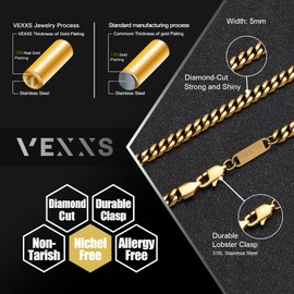 VEXXS Men's Gold Chain Diamond-Cut,18K Real Gold Plated Cuban Link Chain, Durable No Color Fading Curb Chain