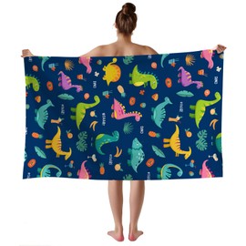 WZOMT Dinosaur Beach Towel for Boys Kids, Toddler Dinosaurs Beach Towels, Microfiber Dinosaur Bath Towel, Cute Dino Dinosaurs Animal Blue Bathroom Swimming Pool Towels, Oversized 32x52 Inch