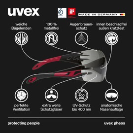 Uvex pheos Protective Glasses Sporty Safety Glasses with 100% UV Protection Metal-Free, Anti-Fog & Scratch-Resistant Black/Red, Grey 23%