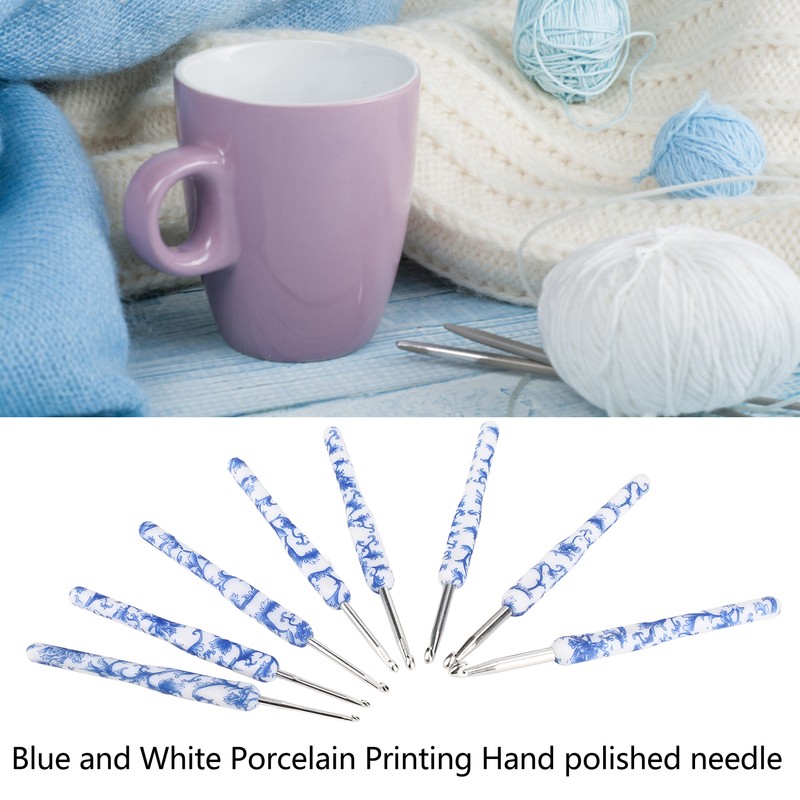 8pcs Crochet Hook Set Blue White Porcelain Printing Hand Polished