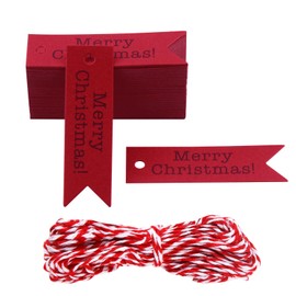100 PCS Merry Christmas Kraft Paper Gift Tags, 7x2 CM Mini Hanging Decoration Labels with Jute Twine, Recyclable and Reusable Favor Tags for Christmas Presents, DIY Crafts, and Gift Wrapping (Red)