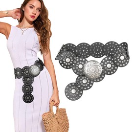 TOFBS Belt for Women Vintage Fashion Round Disc Hook Closure Leather Belt Western Cowgirl Wide Elastic Adjustable Waist Belt Openwork Metal Buckle Belt, silver