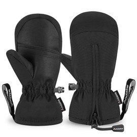 Andake Kids Ski Mittens Winter Warm Waterproof & Breathable Toddler Snow Gloves with Easy-to-Wear Zippers (Black, XXXXS (Fits 1-2Y))
