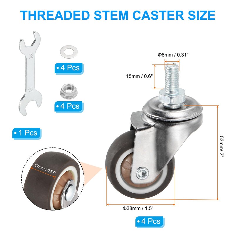 PATIKIL 1.5 Inch Stem Casters, 4 Pack Low Profile TPR