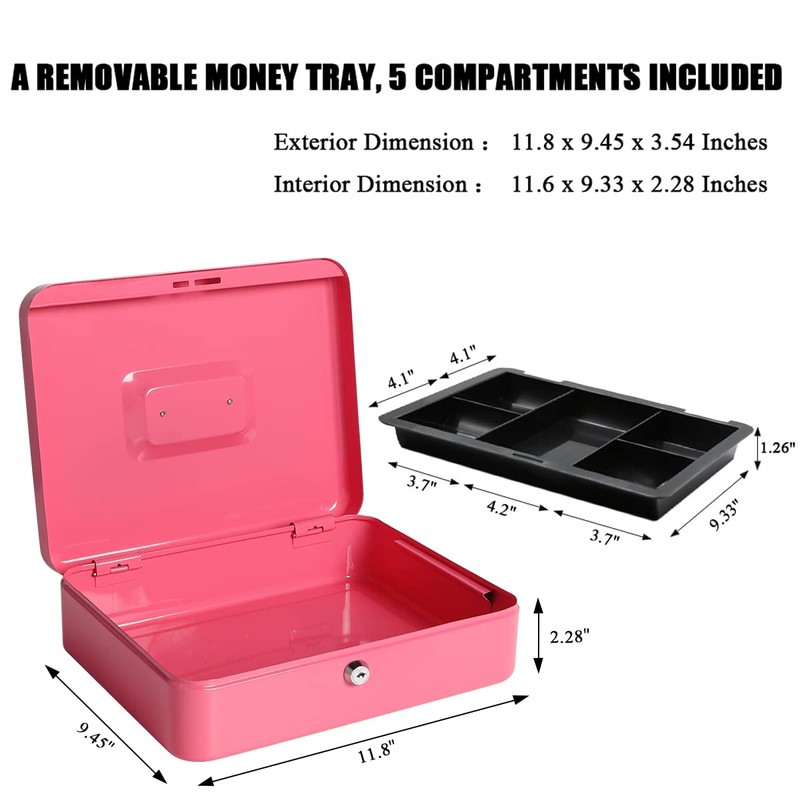 Jssmst Large Cash Box with Key Lock - Durable Metal