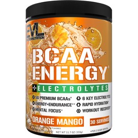 EVL BCAAs Amino Acids Powder - BCAA Energy Pre Workout Powder for Muscle Recovery Lean Growth and Endurance - Rehydrating Post Workout Recovery Drink with 6 Key Electrolytes - Orange Mango