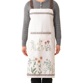 ISAENNE Designer Beige Linen Retro Floral Pattern Aprons for Women and Men with Pockets,Crisscross Back Straps,French Kitchen Cooking Aprons for Chef,BBQ,Drawing L: 39" W: 39"