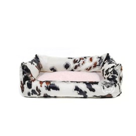 Sunshine Cowhides Cowhide Pet Bed - 22x29x8 Inches, Durable & Easy to Clean, Tricolor Cow Print Dog Bed w/Removable Cushion, Ideal Animal Print Pet Couch for Dogs, Cats and More