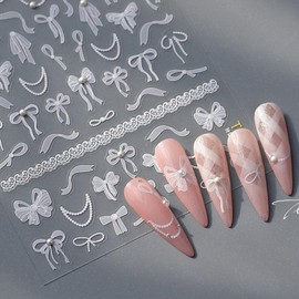 5D Embossed Bow Nail Art Stickers Self-Adhesive Decals With Pearl Design for Spring Summer DIY Manicure - White Ribbon Nail Supplies for Women Girls