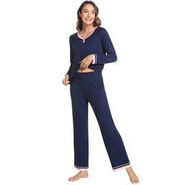 NACHILA Women's Pajamas Set Long Sleeve Sleepwear 2 Piece Pjs Soft Pajama Sets V Neck Loungewear, Viscose Made from Bamboo Navy Blue M