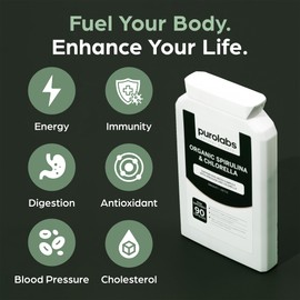 Certified Organic Spirulina & Chlorella Capsules | 1000 mg per serving | Nutrient-Dense Superfoods For Immune Support & Detox | 90 Capsules 100% Plant-Based | by Purolabs