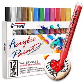 TFIVE Paint Markers Paint Pens - 12 Color Premium Medium Point Acrylic Paint Marker Pens for Rocks Painting, Metal, Ceramic, Glass, Wood, Fabric, Canvas, Mugs, Crafts Making Art Supplies