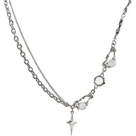 Vurotry Star Moonstone Necklace for Women Y2k Star Pendant Necklace Trendy Grunge Punk Chunky Layered Gemstone Chain Paper Clip Necklace Exquisite Moonstone Jewelry Accessories, Large, Metal, No