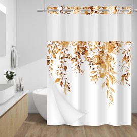 WITHLOC No Hook Shower Curtain with Snap in Liner - Eucalyptus Shower Curtain - Washable Waterproof Inner Liner, Plants Orange Leaves Modern Shower Curtains - Machine Washable, 71 x 74