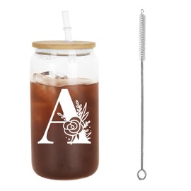HIZEE 16 oz Monogrammed Can Glass Cups with Bamboo Lids and Straw 1 pack,Initial Letter Glass Cup for Iced Coffee Juice Soda - Customized Gifts for Women and Friends (Letter A)