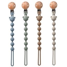 4 Stück Schnullerkette Mädchen/Junge, Schnullerkette Silikon with Holz Clip, Schnullerband, Schnullerketten, Cup Catcher Baby, Kinderwagen Spielzeug Kette Befestigung sicherheitsgurte