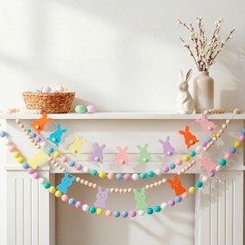 Paquete de 4 guirnaldas de Pascua de 8.2 pies con pompones de conejo pastel de madera, adornos para primavera, Pascua, celebración, chimenea, pared, hogar, aula, interior, exterior, fiesta