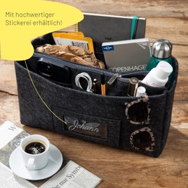 Handbag Organiser with Name, Felt Bag Organiser with Zip, Bag in Bag, Insert for Bags & Shoppers, 35 x 18 x 12 cm Multi-Pocket Handbag Inner Pocket (Size: XL)