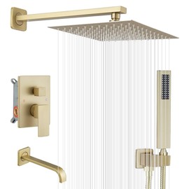 Heable Brushed Gold Shower Faucet Set with Tub Spout Bathroom Rainfall 10 Inch Shower Head System with Handheld Single Handle Shower Trim Kit with Rough-in Valve