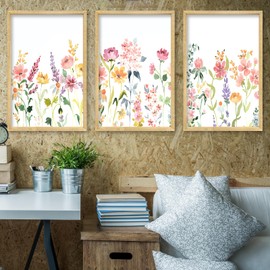 3 Piece Watercolors Flower Wall Art Decor 16x24 Inch Modren Botanical Floral Wood Framed Sign Rustic Colorful Wildflower For Bedroom Above Bed Office Living Room Wall Hang Decoration (White)