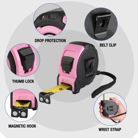 WORKPRO 16FT Pink Tape Measure, 1/8 Fractions Easy Read Measuring Tape