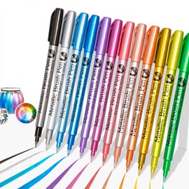 KsopiaVobs Acrylic Paint Markers, Metal Color Brush Tip Acrylic Paint Pens for Rock Painting, Canvas, Wood, Ceramic, Glass, Stone, Fabric, DIY Crafts & Art Supplies(12 Color/Set)