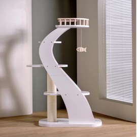 SHENGOCASE Modern Stylish 52.4 inches Tall Wooden Cat Tree Tower, Aesthetic Cat Condo Ladder with 5-Level Big Perch Platform Bed for Window Large Scratching Post