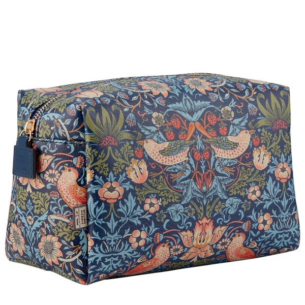 William Morris At Home Strawberry Thief Large Blue Wash Bag | Toiletries & Beauty Essentials | Vegan Leather | Strawberry Thief Print | Perfect Travel Gift